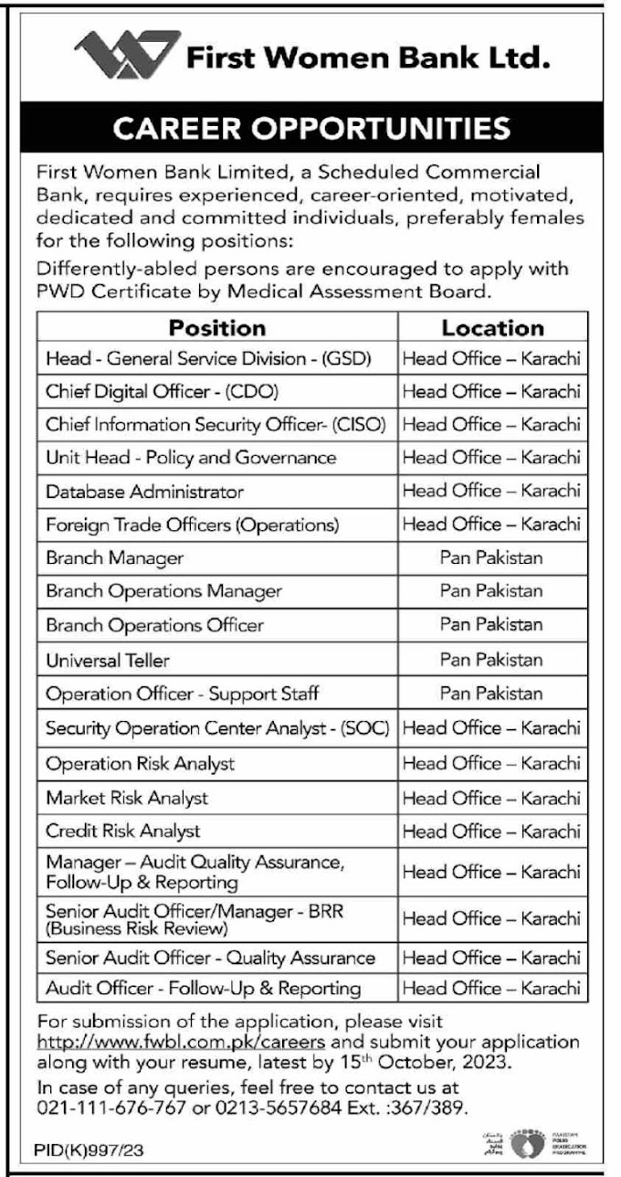 First Women Bank Limited FWBL Jobs 2023 Apply Online | FWBL Banking Karachi Job Vacancies  2023