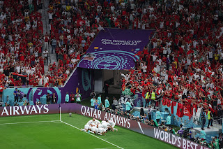 Morocco fans wildly celebrating after the African side scored two late goals to clinch a pivotal win over Belgium in the FIFA World Cup 2022 match at the Al Thumama Stadium in Doha, Qatar