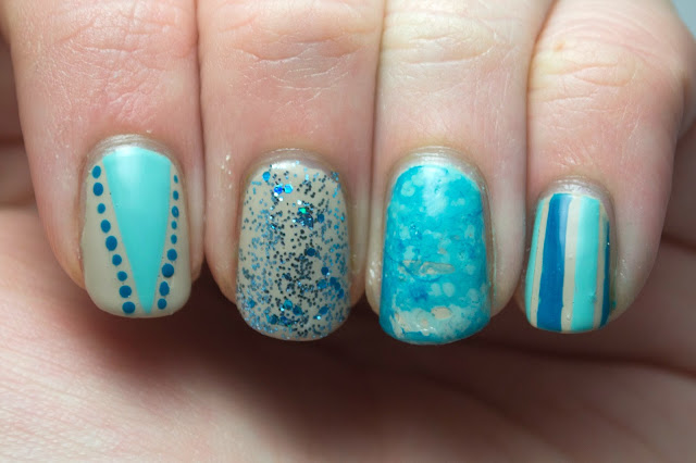 nails, nail polish, nail art, nail skittles, polish, neutral, blue, glitter, stripes, water spotted, china glaze for audrey, opi did you ear about van gogh?, hey darling polish