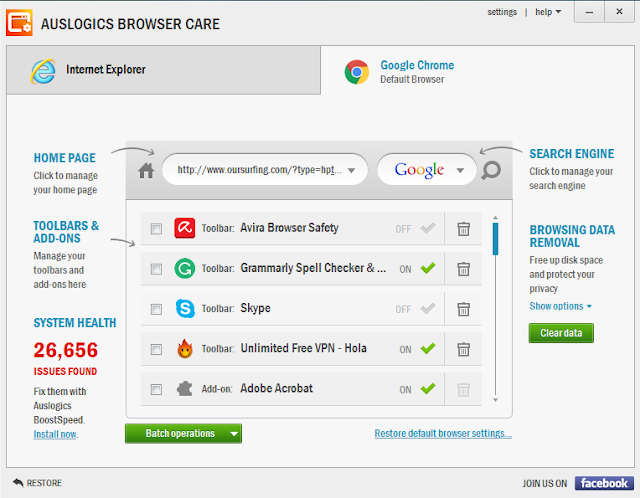 التخلص من الإضافات والأدوات المزعجة علي المتصفح Auslogics Browser Care