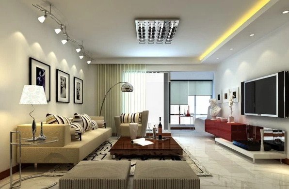 desain plafon ruang tamu mungil dengan penataan cahaya