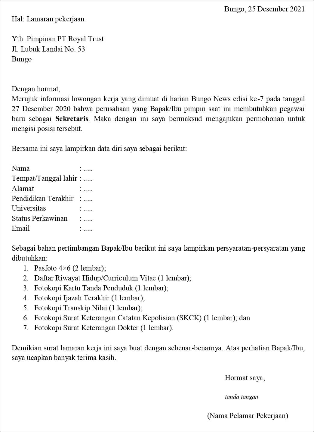 Contoh Surat Lamaran Kerja Untuk Sekretaris (Fresh Graduate)