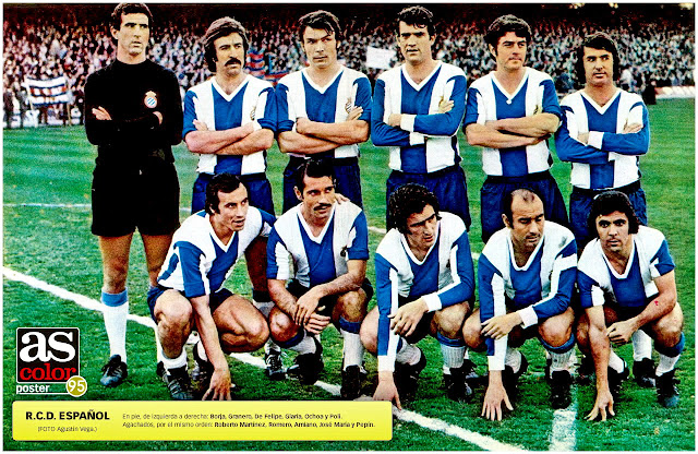 R. C. D. ESPAÑOL DE BARCELONA. Temporada 1972-73. Borja, Granero, De Felipe, Glaría, Ochoa y Poli; Roberto Martínez, Romero, Amiano, José María y Pepín. F. C. BARCELONA 0 R. C. D. ESPAÑOL DE BARCELONA 1 Domingo 04/03/1973, 16:30 horas. Campeonato de Liga de 1ª División, jornada 23. Barcelona, Nou Camp. GOLES: ⚽0-1: 67’, Glaría, de penalti.