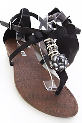 Black Faux Leather Rhinestone Flower Wedges Tong Post Sandals