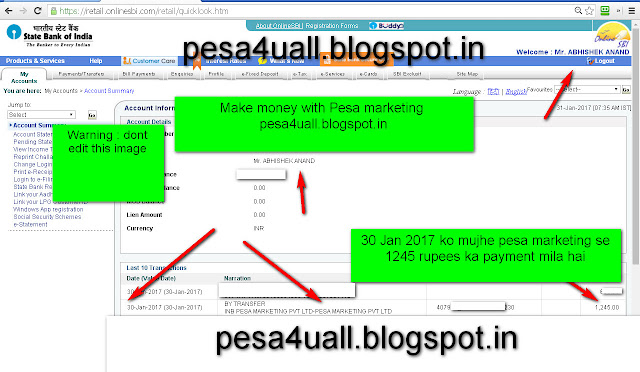 30 Jan 2017 ko mujhe pesa marketing se 1245 rupees ka weekly payment mila hai-see screenshot