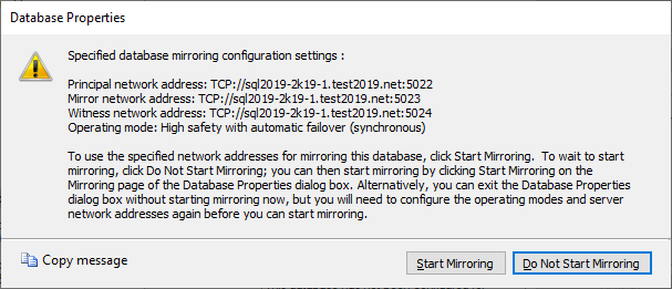 Database properties start mirroring