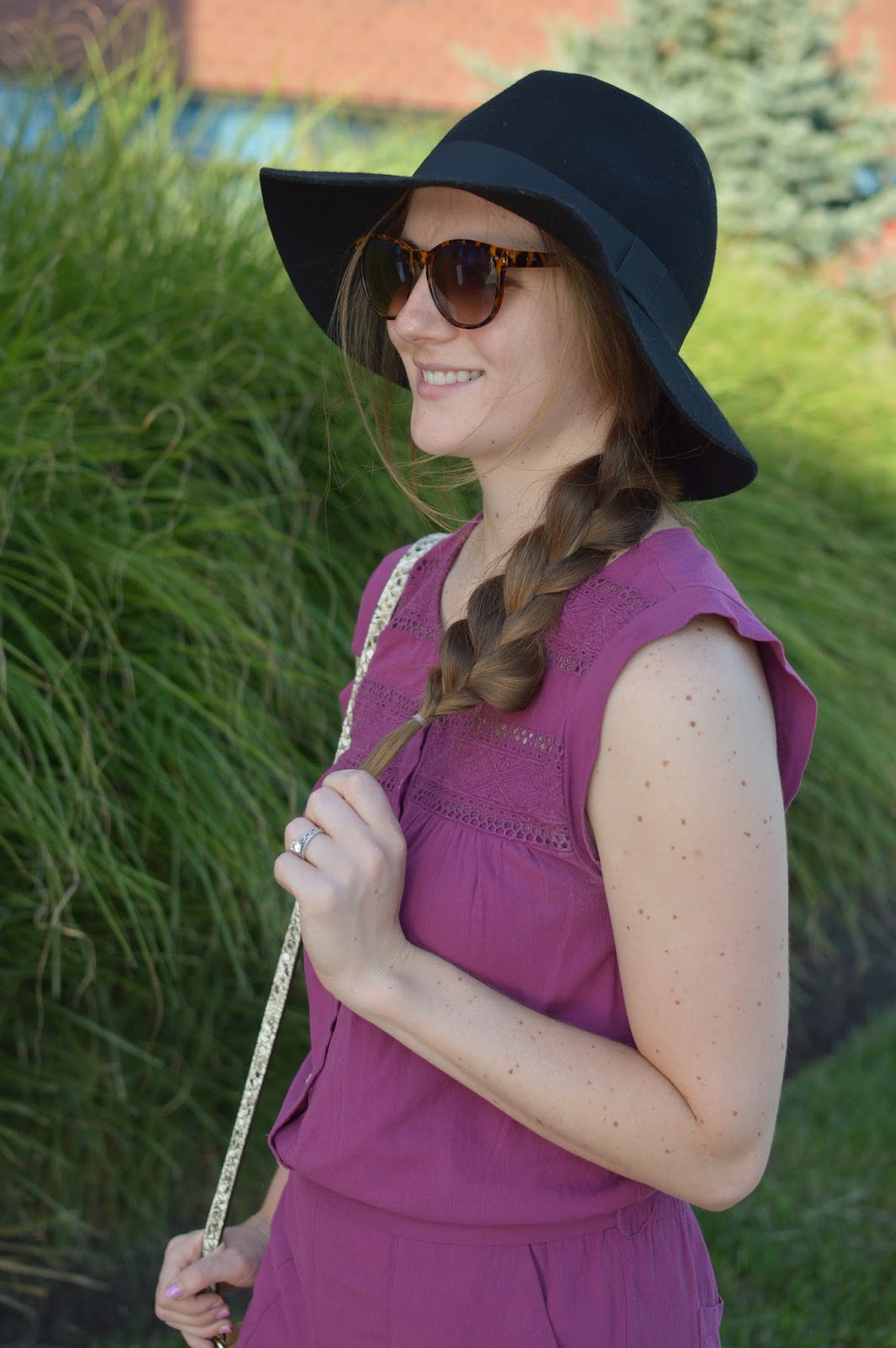 braid with a floppy hat | summer outfit ideas | how to wear your hair with a floppy hat | black floppy hat | burgundy lace romper | cute summer rompers | 