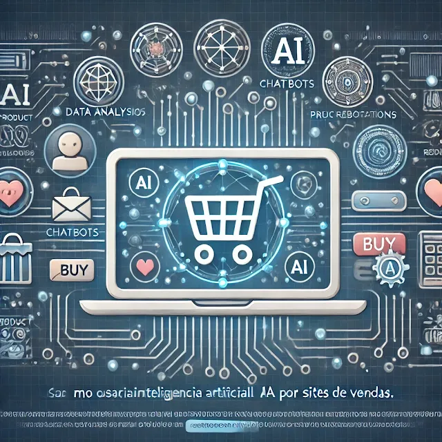 A digital illustration showing an e-commerce website screen with icons of artificial intelligence (AI) such as data analysis, chatbots, and product re