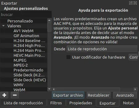 Shotcut tiene una amplia variedad de codecs para renderizar los proyectos a vídeo