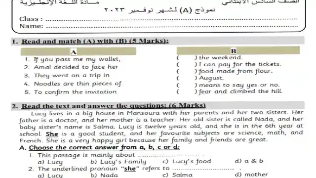 احسن امتحان على منهج شهر نوفمبر فى اللغة الانجليزية كونكت 6 للصف السادس الابتدائى الترم الاول 2024