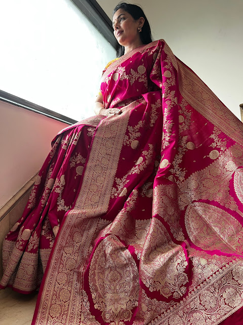 Unraveling the Enchanting Hot Pink Mushroom Silk Saree with a Vintage Jaal