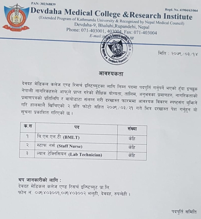 Devdaha Medical College and Research Institute Vacancy