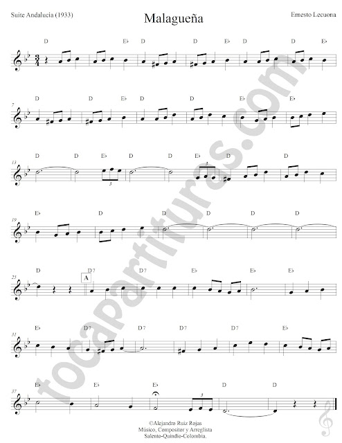 Malagueña Suite Andaluza de Ernesto Lecuona Partitura Fácil con Acordes Malagueña Sheet Music with Chords