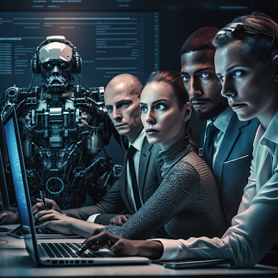An image of a person working in tandem with a chatbot or virtual assistant to resolve a customer issue.
