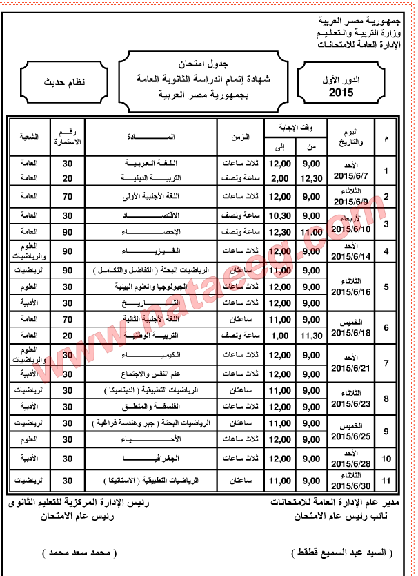 جدول ومواعيد امتحانات الثانويه العامه 2015 بالصور