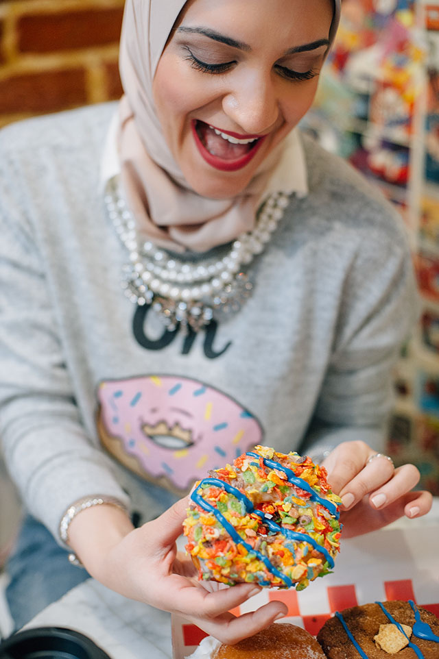 Diablo Doughnuts Baltimore-Francesca's Sweatshirt-Oh Donut Even Shirt-Weekend Casual Look-Hijabi-Modest Fashion-Kate Spade cobble hill milieu Bag - Marc Fisher Adalyn Wedge