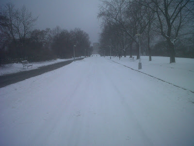 Snowy road to the National Monument on Vitkov Hill, Prague, Czech Republic