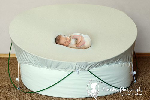 Professional portrait of a newborn baby using a round backdrop stand