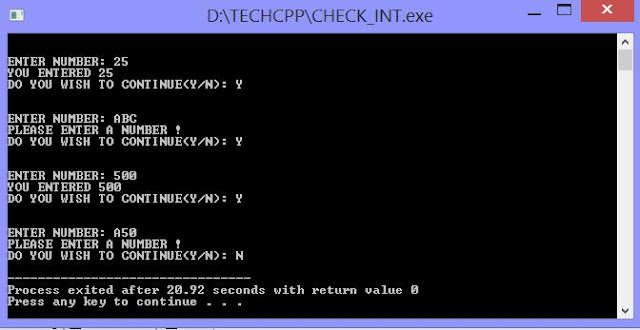 C++ Program to check whether user has entered integer data or not with output