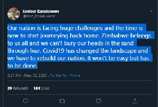 Kasukuwere Tweet on his return to Zimbabwe