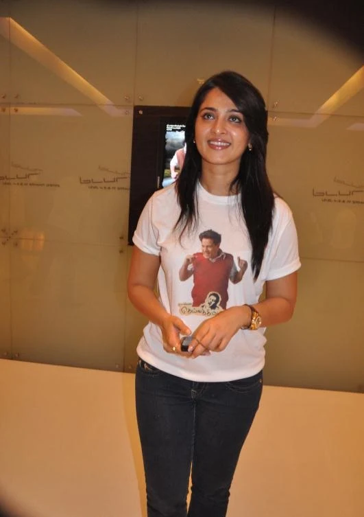 Actress Anushka Shetty Stills In White T Shirt Blue Jeans