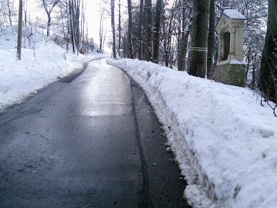 Bild vom 7.2.2019, Schulweg auf der Straße hinauf nach Sparz. Wenn die steile Straße vereist ist hilft nur noch Beten 