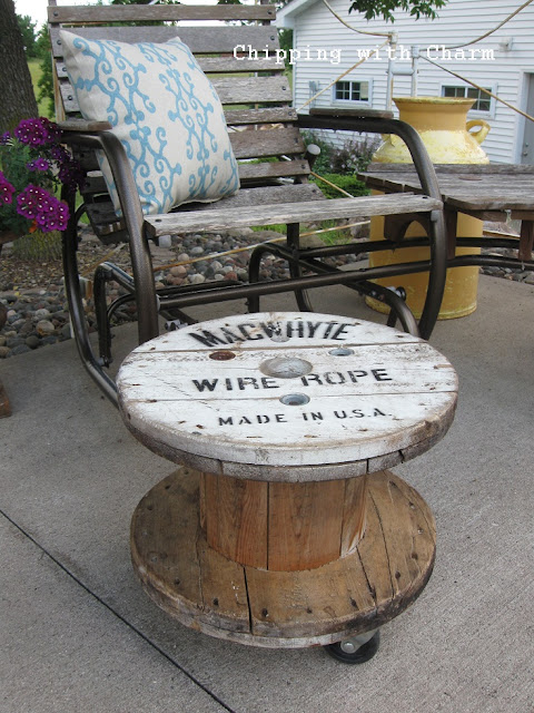 Chipping with Charm:  Old Spool to Ottoman...http://www.chippingwithcharm.blogspot.com/