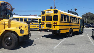 Summer camp buses parked in the Zuma Beach parking lot getting ready to bring campers home after a day at camp