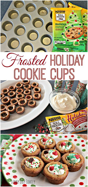 Easy Frosted Holiday Cookie Cups! Use refrigerated cookie dough to make these delicious treats for your Christmas party or a plate for Santa! Fun to make and decorate - your family will love them!