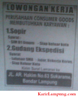 Lowongan Sopir & Gudang Ekspedisi Perusahaan Consumer Goods di Bandar Lampung