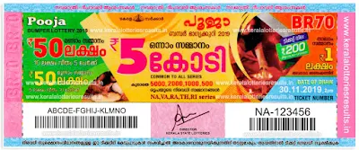 Kerala Lottery Result; 30-11-2019 "POOJA BUMPER Lottery Results" BR-70