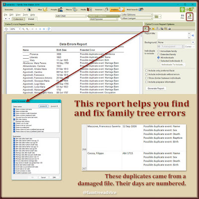 Family Tree Maker has a built-in error report that may surprised you with its findings.