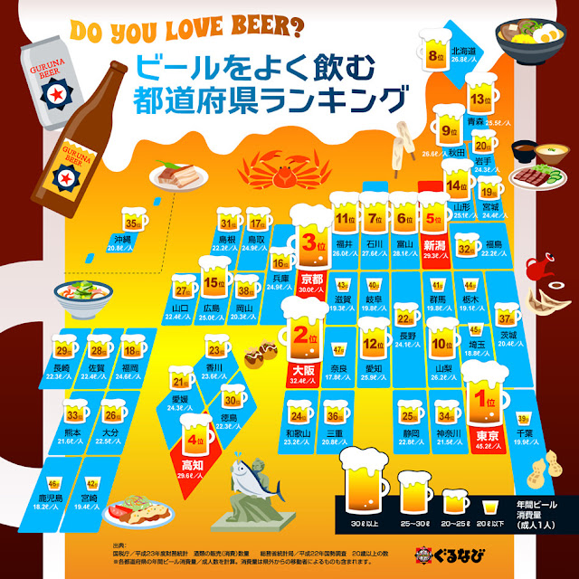 日本の中のいろんな違いがわかる地図たち8つ【0】　ビールをよく飲む都道府県
