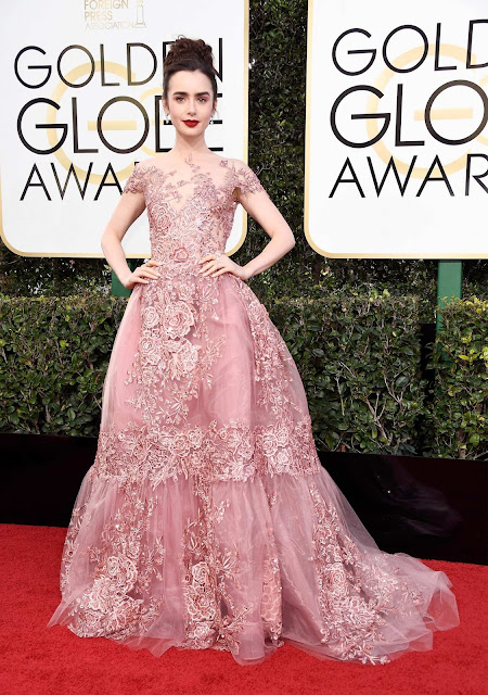 red carpet, golden globes, lily collins