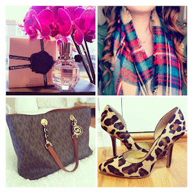 perfume, scarf, purse, heels