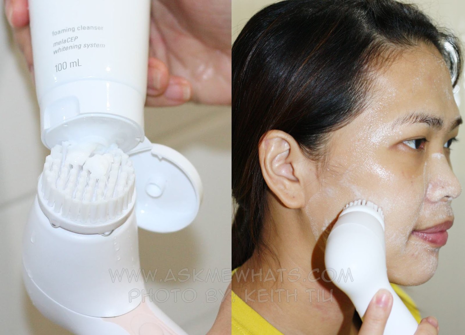 a photo of how to use Mary Kay Skinvigorate Cleansing Brush and Foaming Cleanser
