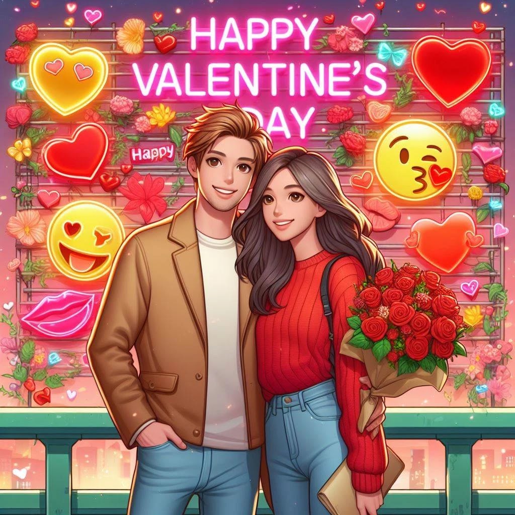 Young Couple's Happy Valentine's Day on a Nice Bridge - Custom Typography, Vibrant Colors, and Romantic Vibes in Anime Style