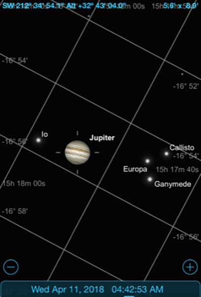 Sky Safari Pro screenshot showing Jupiter and moons for DSLR image (Source: Palmia Observatory)