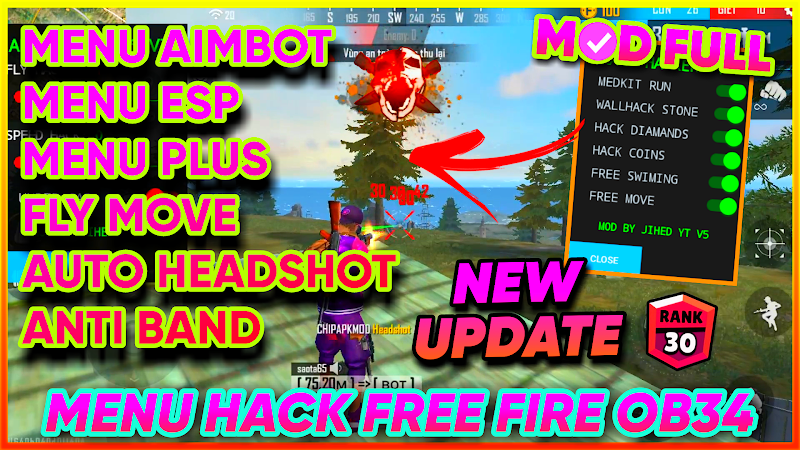 MENU FREE FIRE OB34 - MENU HEADSHOT 100%, AIMBOT, BAY BỆ PHÓNG, XÓA TỐ CAO, ANTIBAND