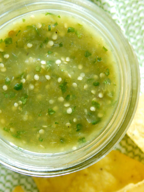 Roasted Green Blender Salsa....jarred tomatillos, onions, jalapenos, cilantro, lime juice, salt and cumin, that's it! This addictiong salsa will become a new family favorite - tangy and sour with just a bit of heat! (sweetandsavoryfood.com)