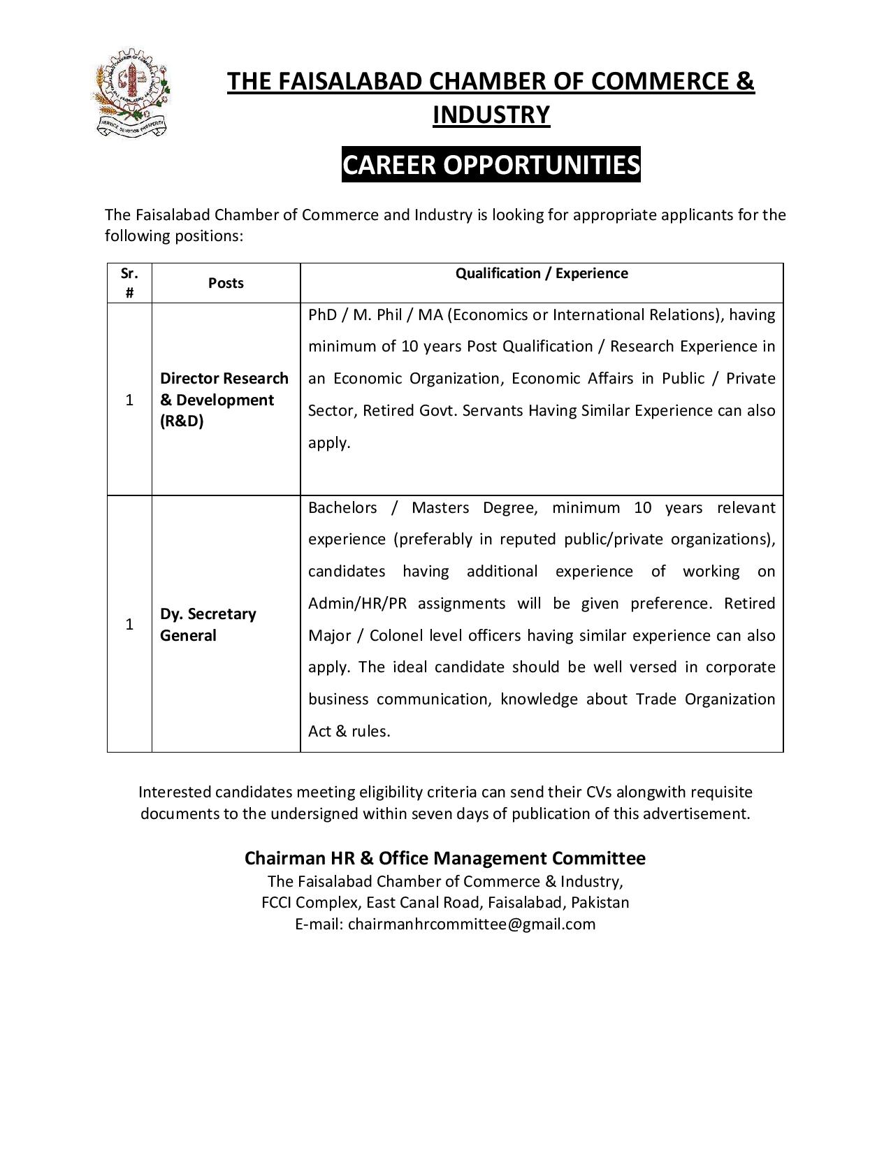 The Faisalabad Chamber of Commerce and Industry Announced Jobs August 2022