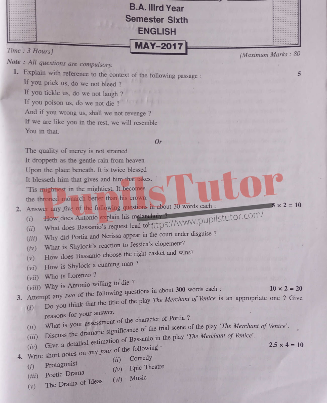 CDLU (Chaudhary Devi Lal University, Sirsa Haryana) BA Semester Exam Sixth Semester Previous Year English Question Paper For May, 2017 Exam (Question Paper Page 1) - pupilstutor.com