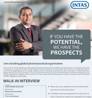 ITI and Any Graduate Freshers And Experienced Jobs Vacancies in Intas Pharma Limited | Walk-In- Interview - Campus Placement 2023