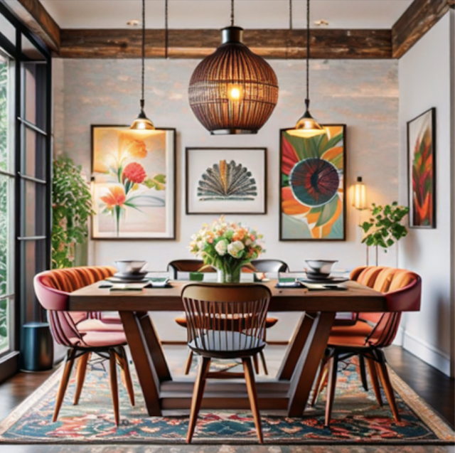 Mid century home design in the dining room features a mix of traditional and non-traditional materials.