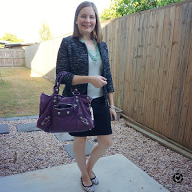 awayfromblue Instagram | summer office outfit with metallic tank and boucle blazer purple balenciaga work bag