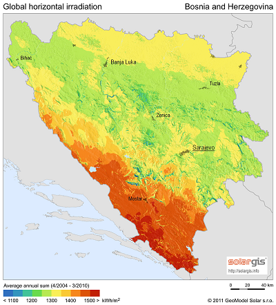 Bosnia & Herzegovina: Global solar horizontal irradiation