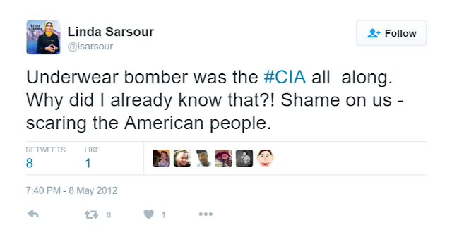 Linda Sarsour tweet of May 8, 2012, regarding CIA role in foiling bomb plot