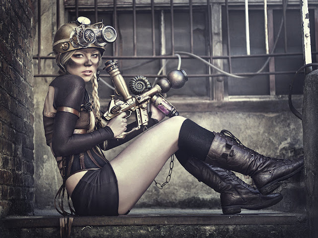 Sexy steampunk fashion. Steampunk clothing and pin-up in SteamGirl style. Steampunk makeup idea.