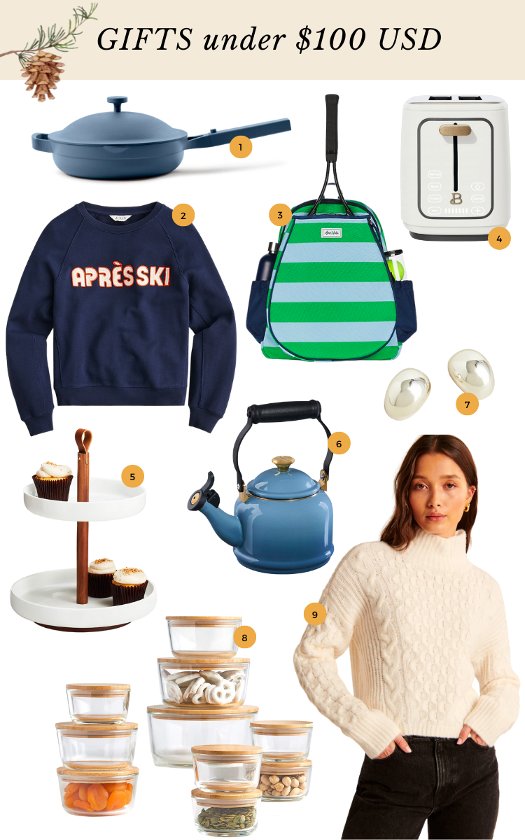 gifts under $100 including cookware, serveware, clothing, and jewellry