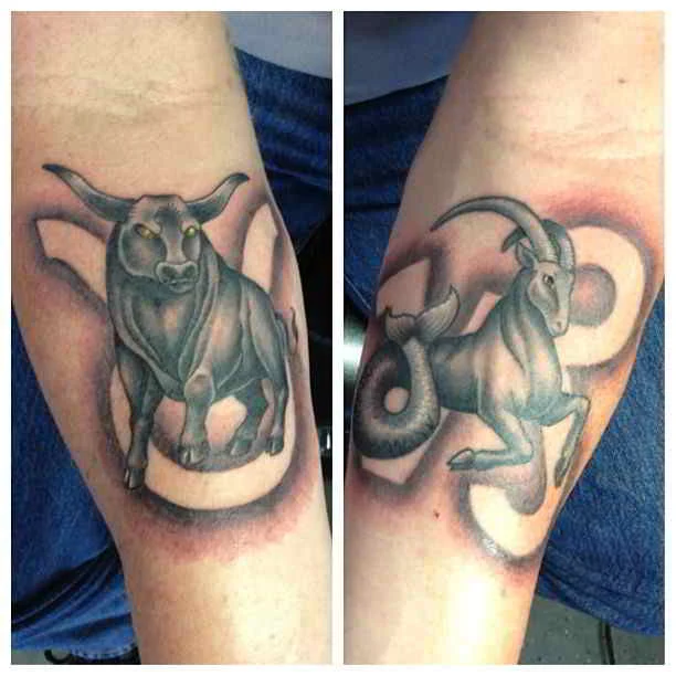 Tatuaje en antebrazos con tauro y capricornio